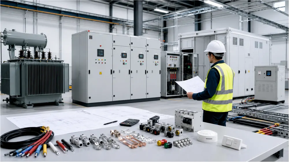 Engineer reviewing electrical distribution panels, a transformer and electrical accessories