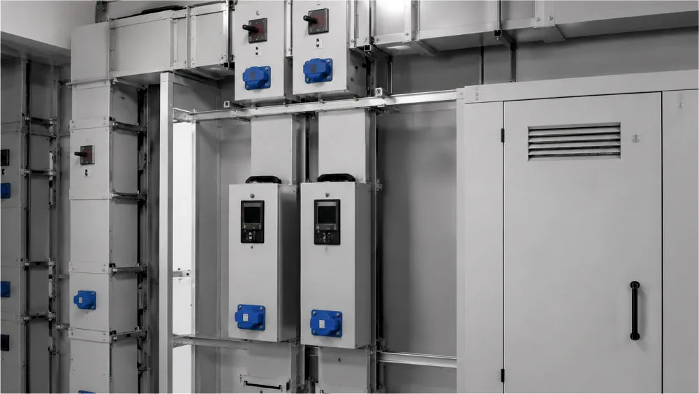 Installed busbar trunking and tap-off boxes beside electrical cabinets