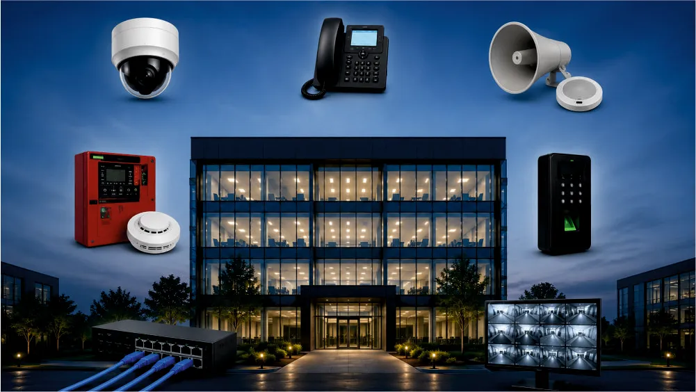 Commercial building with CCTV, fire alarm, telephone and network equipment